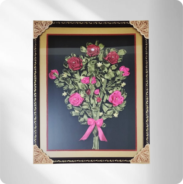 Roses on black Ribbon embroidered roses Flowers in a vase | Design Wall Home Decor