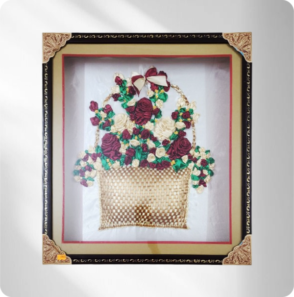 Art Framed Flower Bouquet Basket/ Valentine Gift/ Mother's Day Gift / Grandmother Gift / Birthday Gift/ Red and Gold Embroidered | Design Wall Home Decor